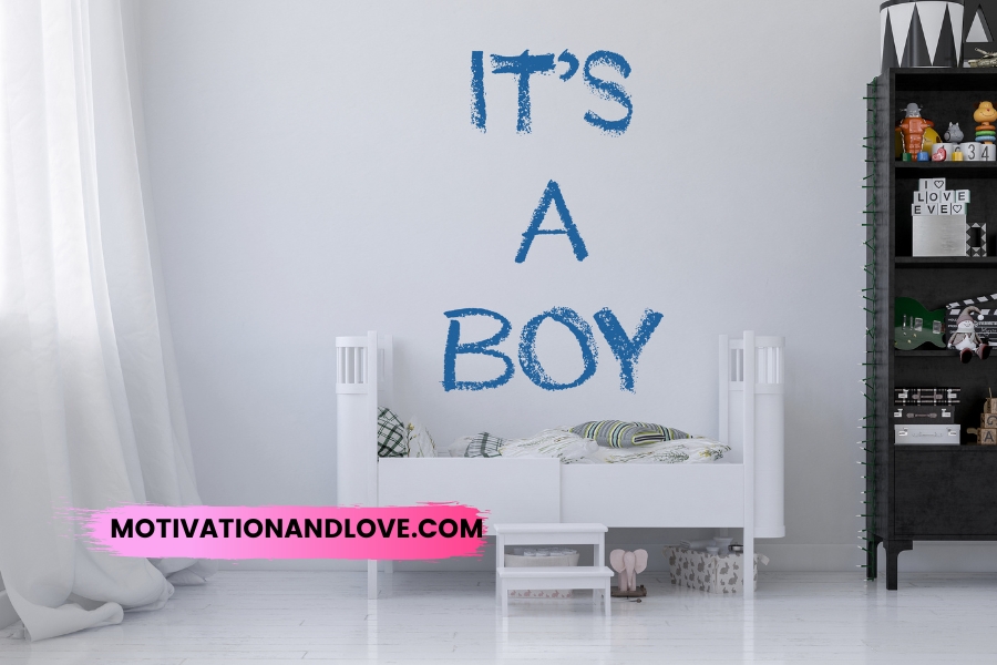 A child's bedroom scene shows a white bed with blue "It's A Boy" lettering above, positioned against a white wall; a black bookshelf with toys and decorations sits to the right, and sheer white curtains are draped on the left.